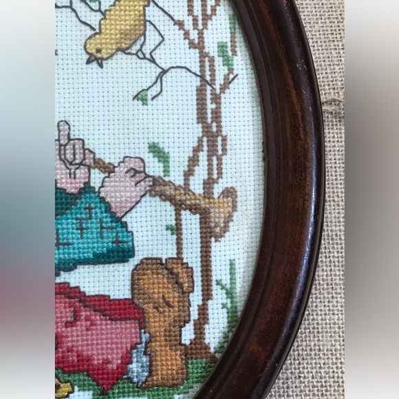 Vintage Piper Boy Framed Cross Stitch Whimsical Storybook Cottage Fairy Core - Picture 2 of 5